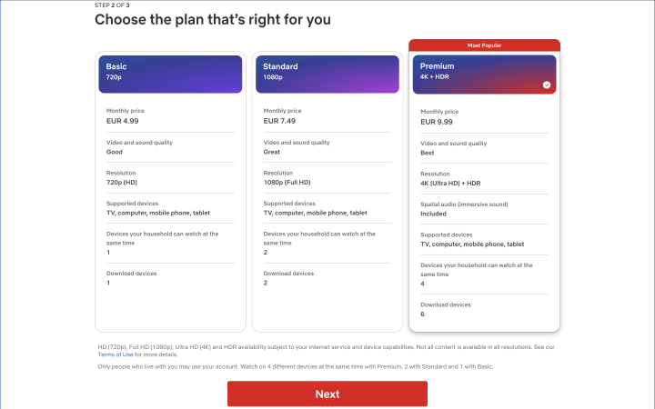 Netflix pricing table example