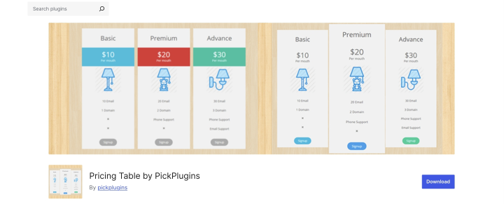 pricing table plugin on wordpress.org