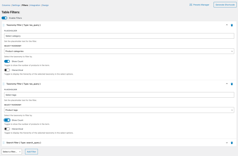 setting up the product table filters