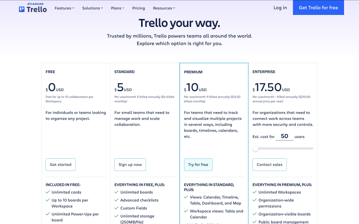 trello pricing table example