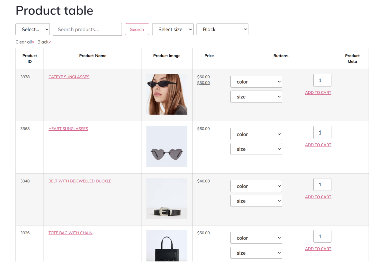 JetProductTables table layout