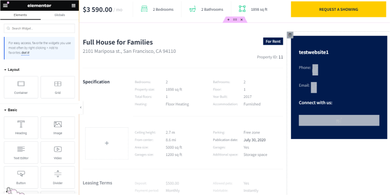 example of template editing panel in elementor