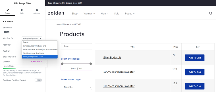 product table with filters