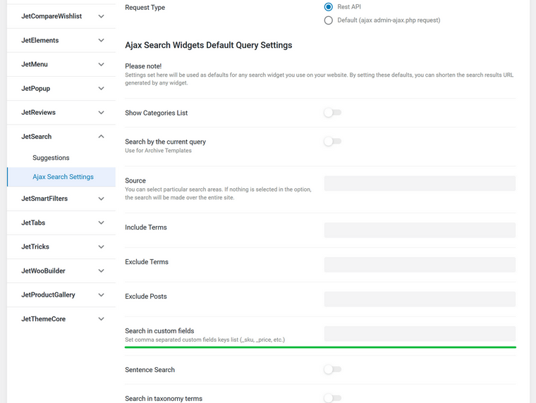 JetSearch settings