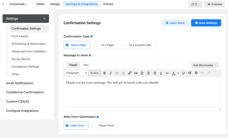 fluent forms settings