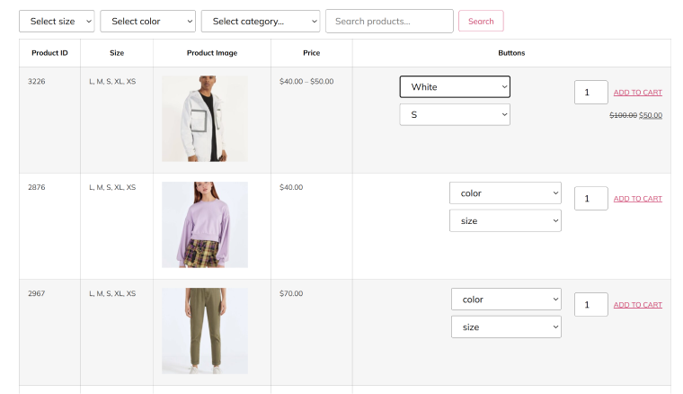 WooCommerce product table  