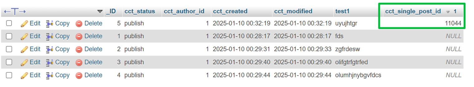 single post ID custom table