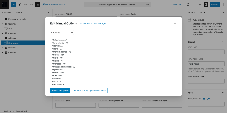 select field countries