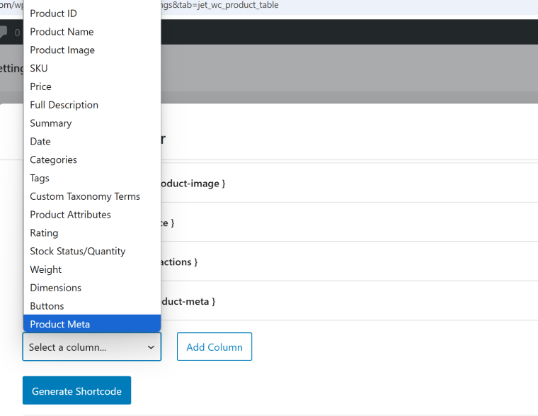 JetProductTables Woo columns