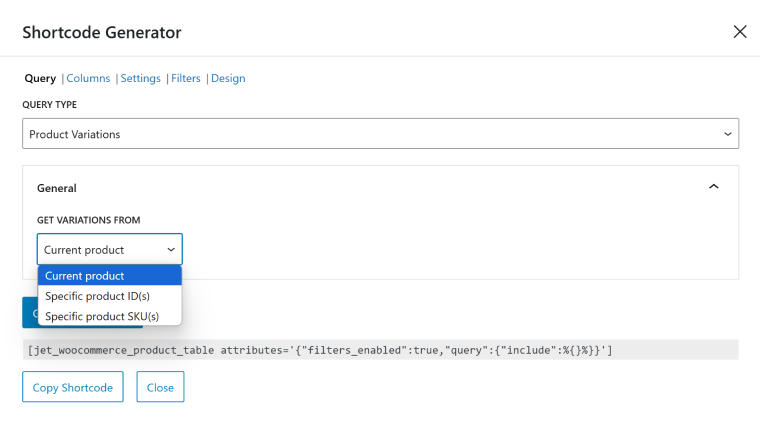 product variation table for WooCommerce  