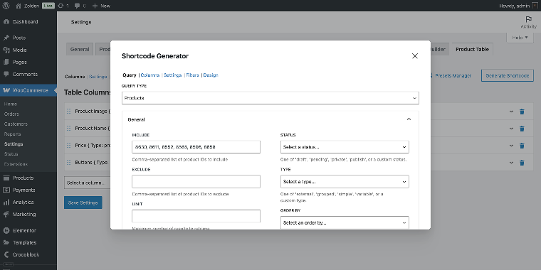 product table shortcode generator