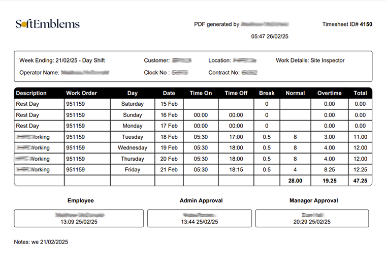 PDF generated timesheet