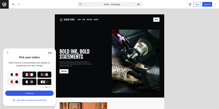 selecting a color scheme offered by WordPress AI