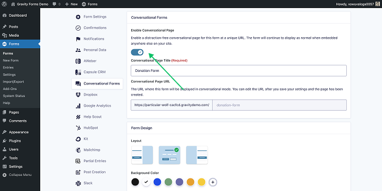 gravity forms conversational form toggle