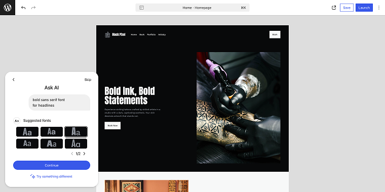 choosing a font painting offered by WordPress AI