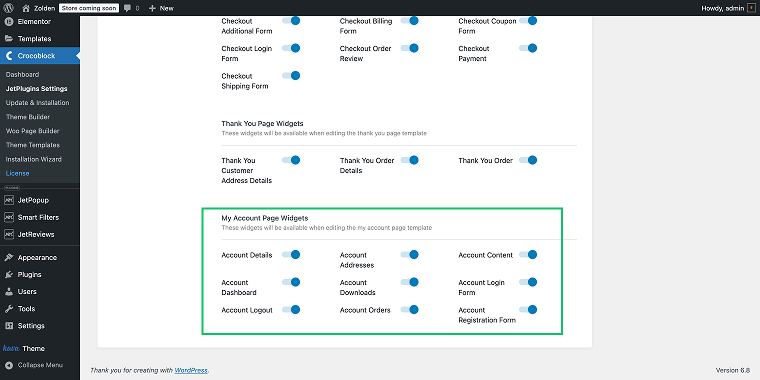 enabling jetwoobuilder my account widgets