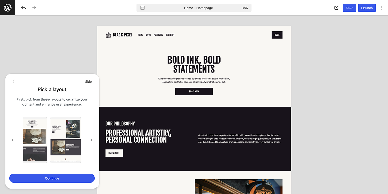 picking layout options offered by WordPress AI