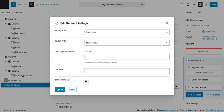 redirect to page form action