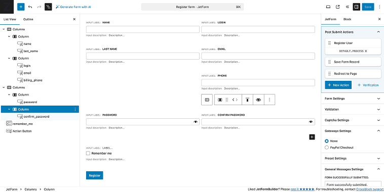 registration form built with jetformbuilder
