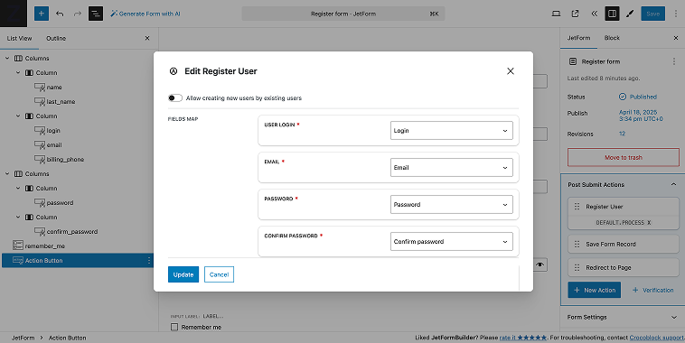 register user form action