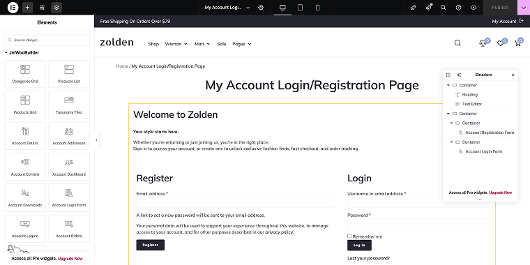 adding registration and login form widgets