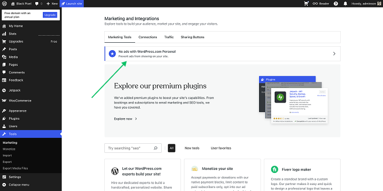 wordpress dashboard marketing section