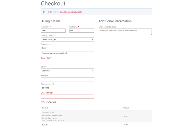 default checkout form