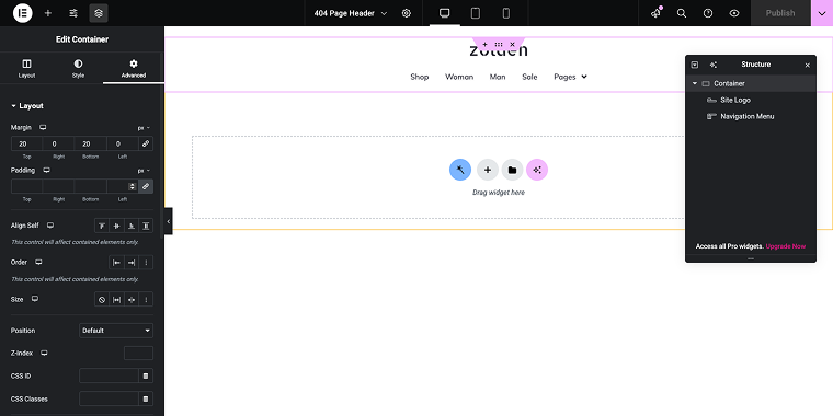 editing 404 header template in elementor