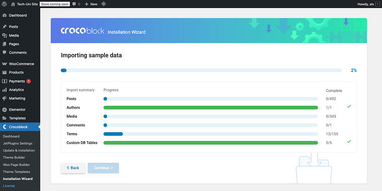 crocoblock installation wizard demo content import process