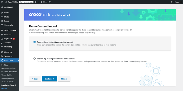 crocoblock installation wizard demo content import