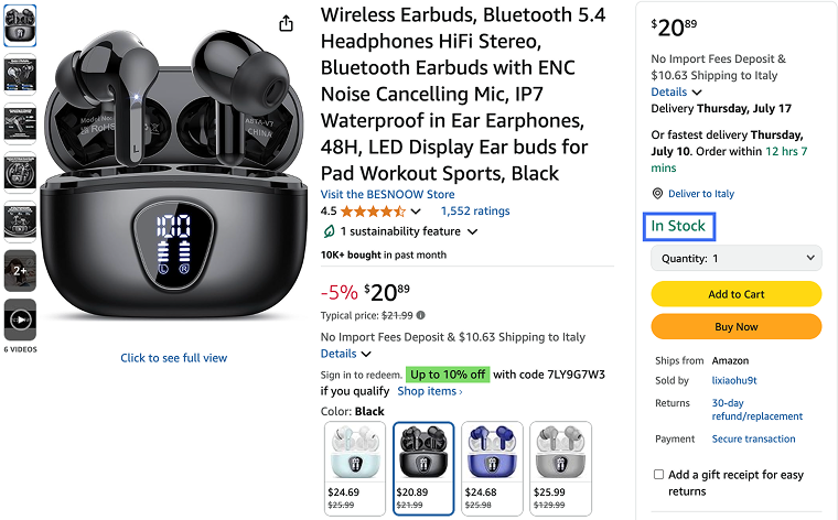 variations and availability status for the product page