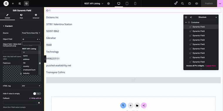 rest api listing template dynamic fields
