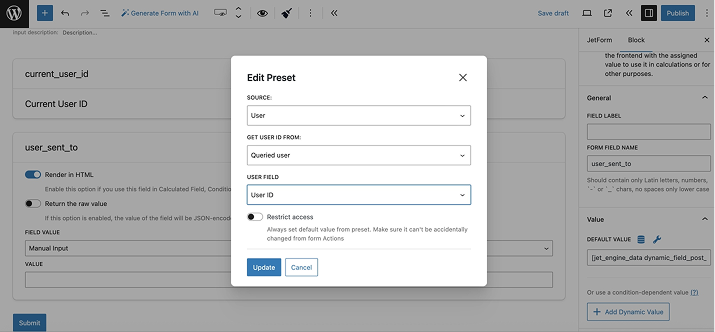 setting user sent to