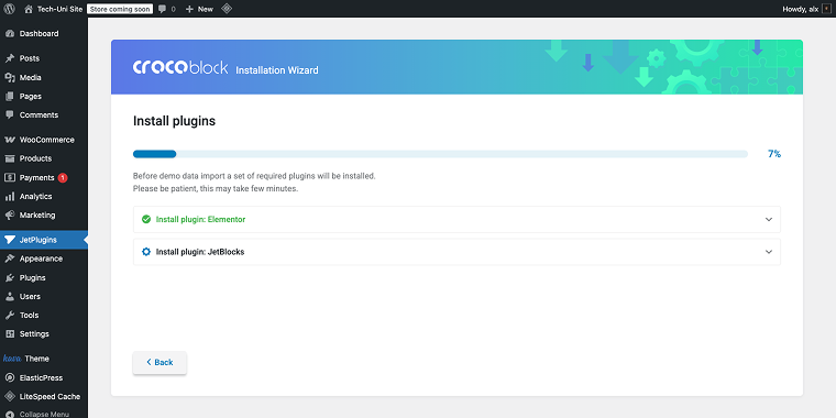 crocoblock installation wizard plugins installation process