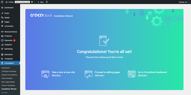 crocoblock installation wizard success message
