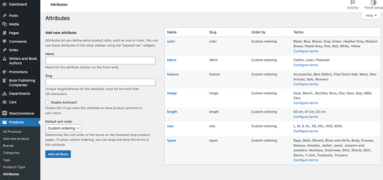 set up product attributes