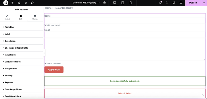 jetform widget in elementor