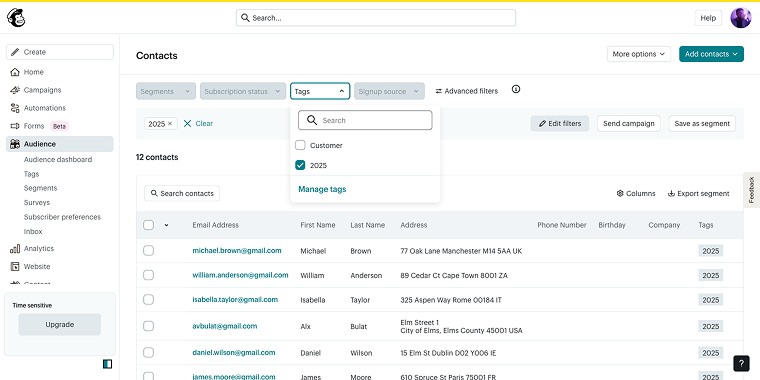 mailchimp audience section