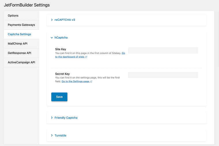 add captcha keys in settings