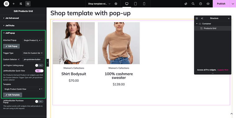 connecting the quick view pop-up to the Products Grid widget
