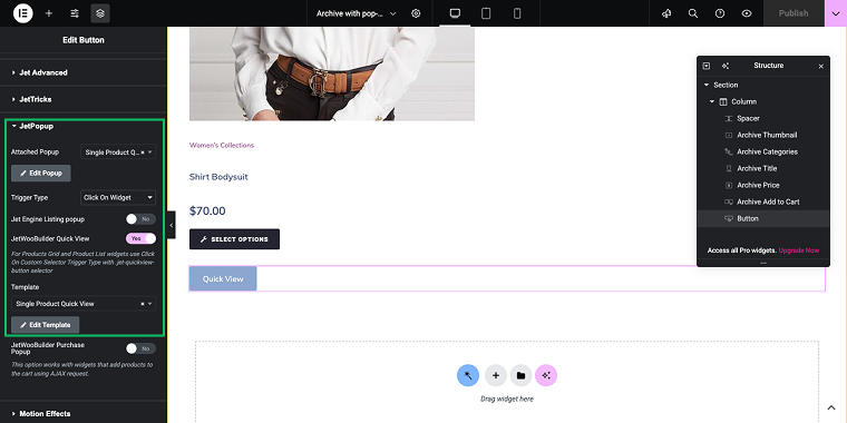 quick view button pop-up settings