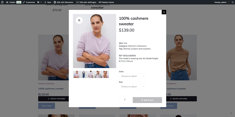 quick view pop-up with single product preview