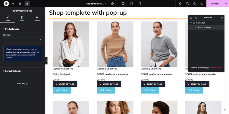 shop template with Products Loop widget