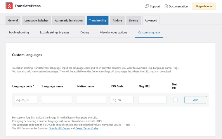 add custom language in TranslatePress settings