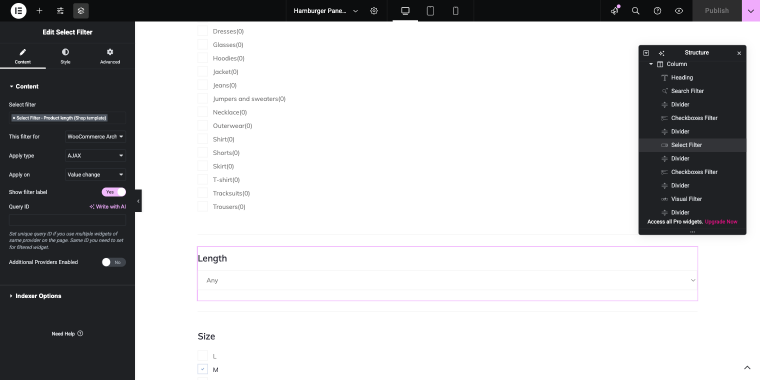 adding select filter widget to shop template