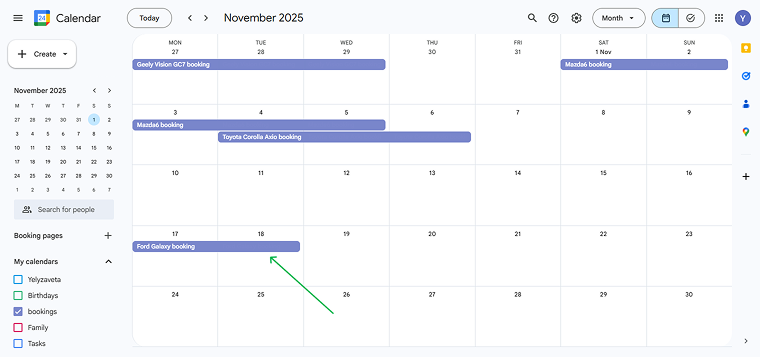 booking added through the Google Calendar