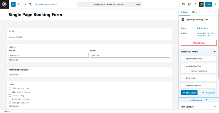 booking form set up