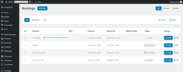 booking from the calendar is added to the site