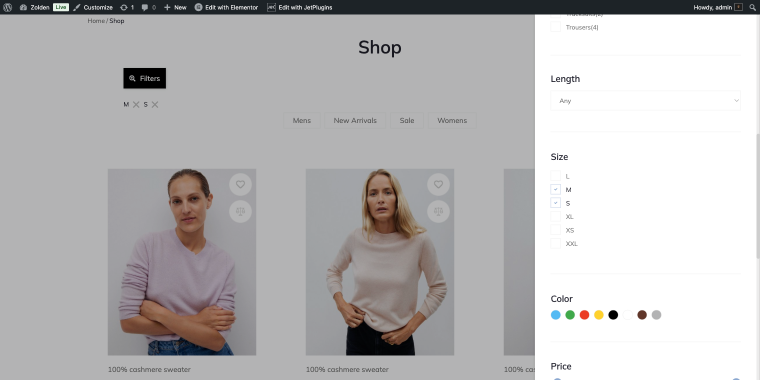 checkboxes list filter with sizes on front-end