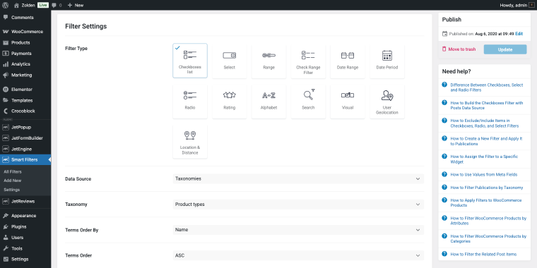 checkboxes list filter type